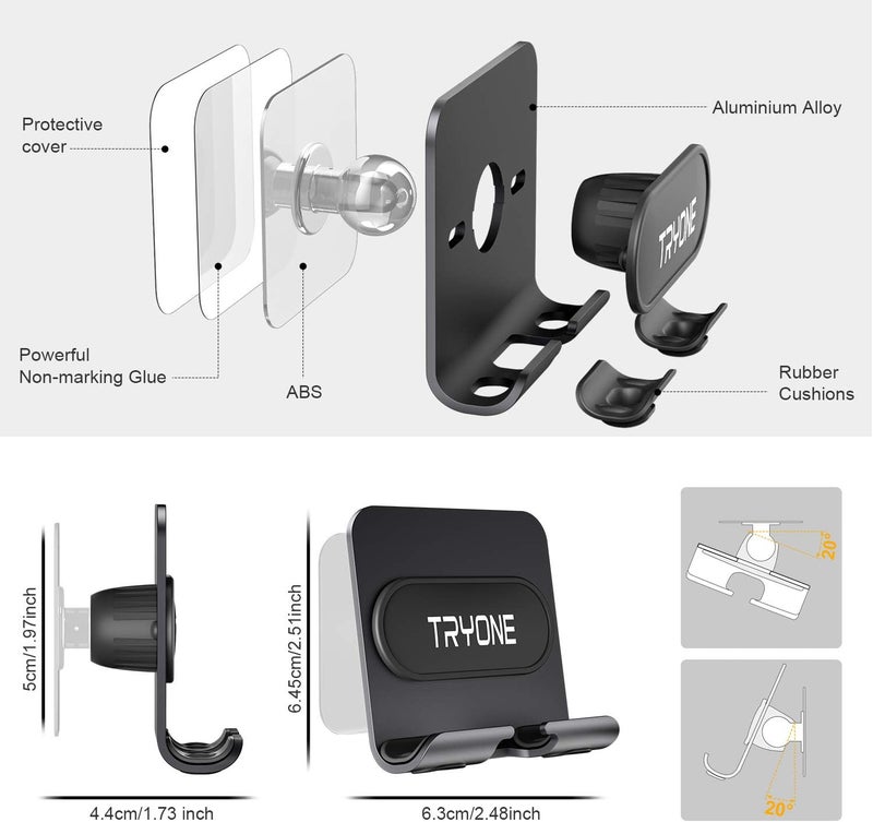 Tryone Wall Mount Cell Phone Holder - Mirror Adjustable Cellphone Stand with 2Pcs Adhesive Sticky Pads for Bathroom Bedroom Kitchen or Dorm, Compatible with iPhone Series or Other Smartphones - Image 2