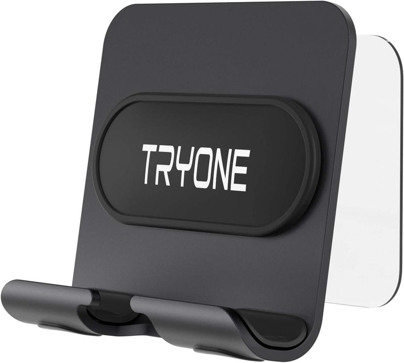 Tryone Wall Mount Cell Phone Holder - Mirror Adjustable Cellphone Stand with 2Pcs Adhesive Sticky Pads for Bathroom Bedroom Kitchen or Dorm, Compatible with iPhone Series or Other Smartphones - Image 1