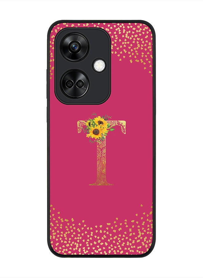 Stylizedd Rugged Black Edge case for OnePlus Nord CE3 / Oppo K11, Slim fit Flexible   Custom Monogram Initial Letter Mandala Floral Pattern Alphabet- T (Dark Pink Rose) - Image 1