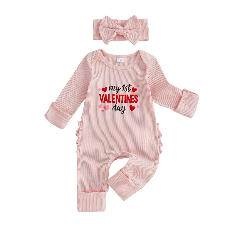 Mieeyali My First Valentines Day Baby Girl Outfit Knit Ruffle Romper Jumpsuit Cute Preemie Infant Newborn Spring Clothes (Pink Valentines, Newborn) - Image 1