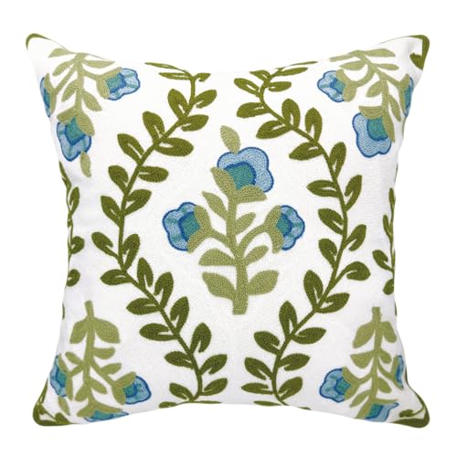 Alysheer Floral Embroidered Summer Decorative Throw Pillow Cover 18"x 18", Farmhouse Cottage Blue Flowers Green Leaves Knit Pattern Cotton Canvas Cushion Case for Sofa Couch Bed Living Room Decor - Image 1