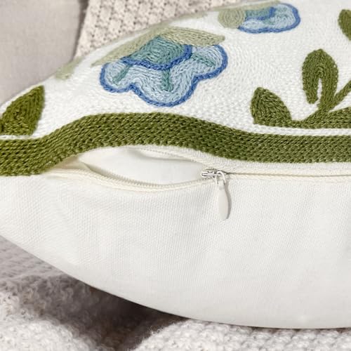 Alysheer Floral Embroidered Summer Decorative Throw Pillow Cover 18"x 18", Farmhouse Cottage Blue Flowers Green Leaves Knit Pattern Cotton Canvas Cushion Case for Sofa Couch Bed Living Room Decor - Image 5