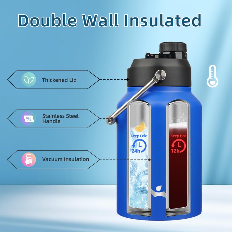 Konokyo Half Gallon Jug with Handle,64 oz Insulated Water Bottle with Carrying Pouch,Double Wall Vacuum Stainless Steel Metal Bottle,Blue - Image 3