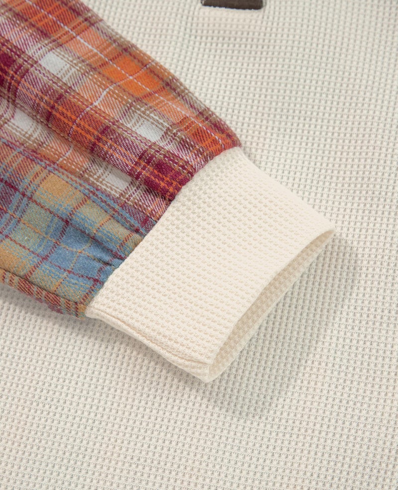 SELINK Womens Long Sleeve Henley Shirts Casual Waffle Stripe Plaid Patchwork Sweatshirts Knit Tops Apricot-S - Image 5