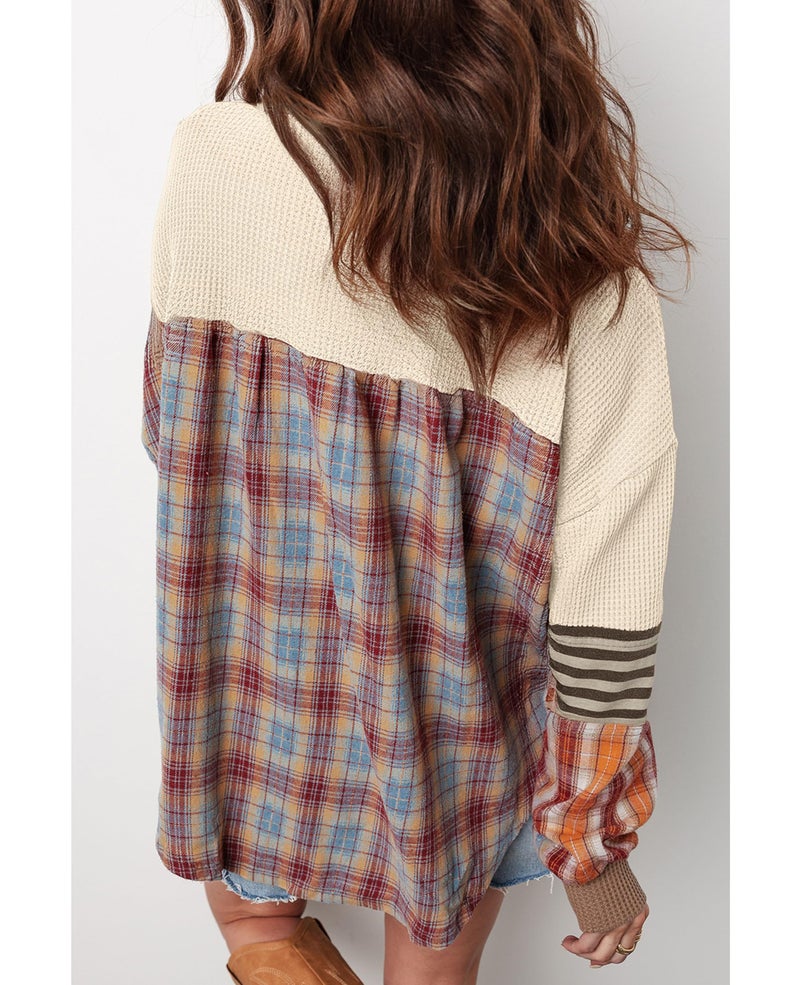SELINK Womens Long Sleeve Henley Shirts Casual Waffle Stripe Plaid Patchwork Sweatshirts Knit Tops Apricot-S - Image 2