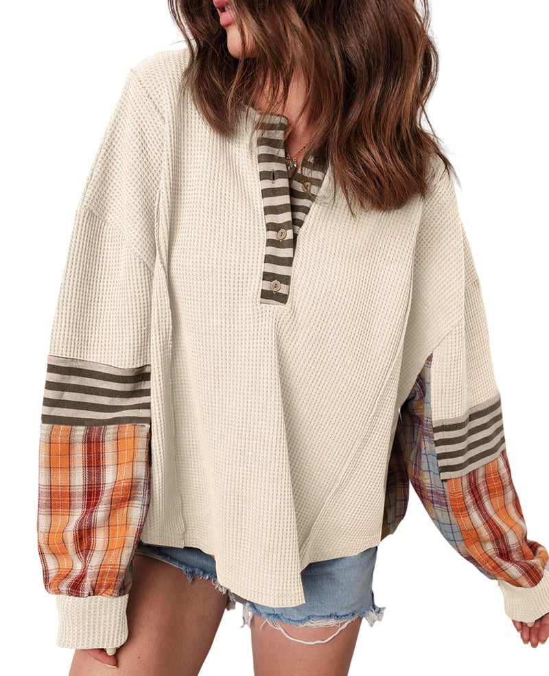 SELINK Womens Long Sleeve Henley Shirts Casual Waffle Stripe Plaid Patchwork Sweatshirts Knit Tops Apricot-S - Image 1