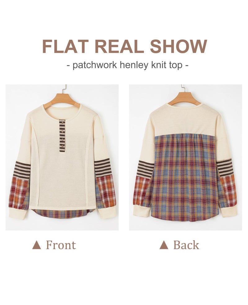 SELINK Womens Long Sleeve Henley Shirts Casual Waffle Stripe Plaid Patchwork Sweatshirts Knit Tops Apricot-S - Image 3