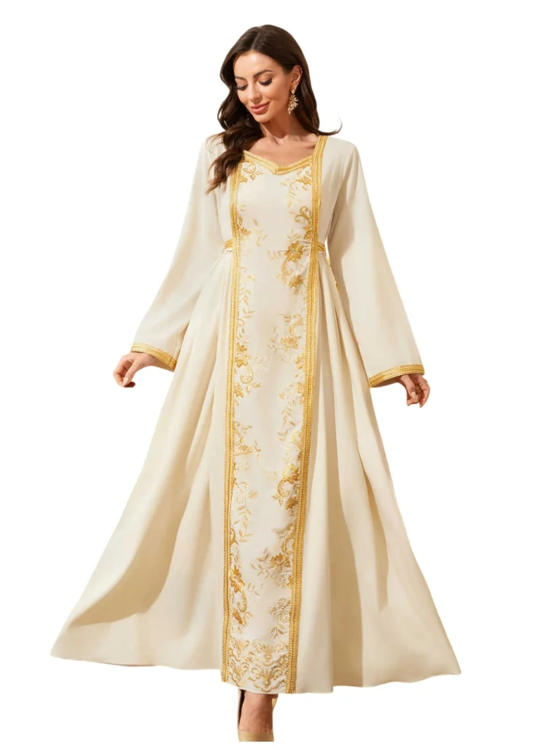 بيداني جلابية مطرزة باللونين الكريمي والذهبي – ستايل أنيق