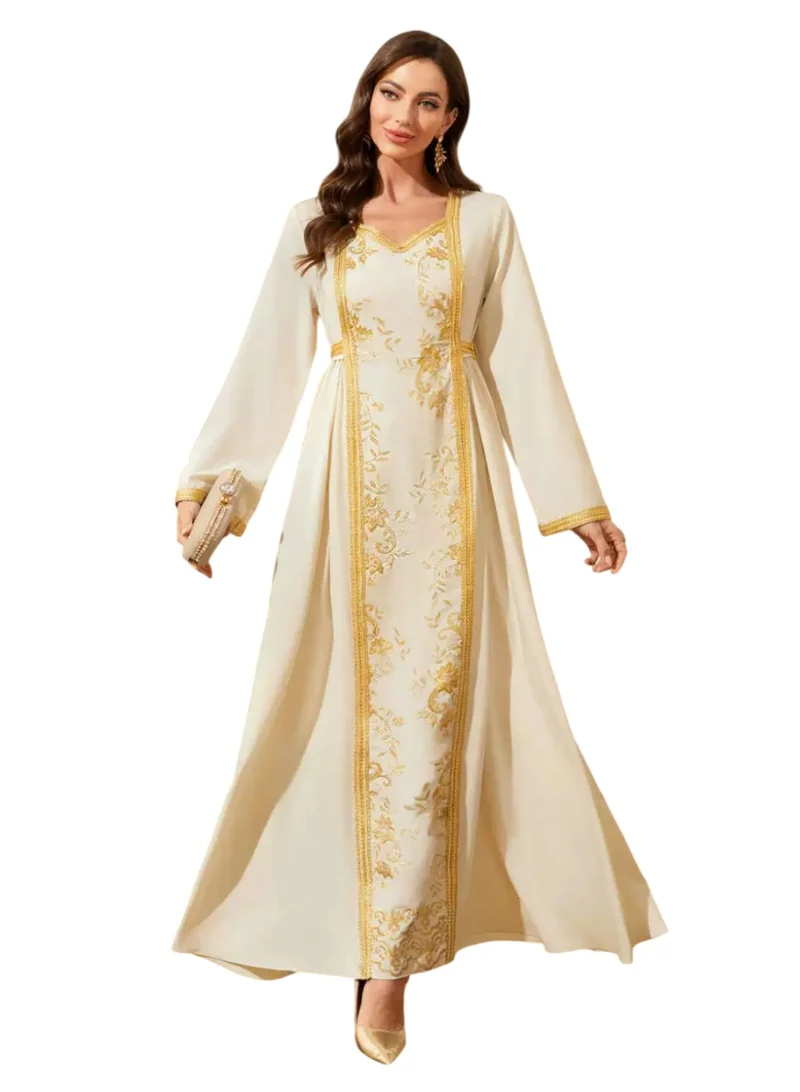بيداني جلابية مطرزة باللونين الكريمي والذهبي – ستايل أنيق