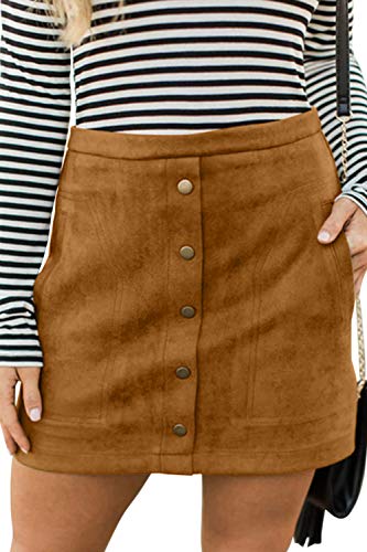 Meyeeka Women Faux Suede Clubwear Button Front Plus Size Bodycon Mini Short Skirt Khaki XL - Image 1