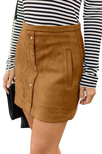 Meyeeka Women Faux Suede Clubwear Button Front Plus Size Bodycon Mini Short Skirt Khaki XL - Image 3