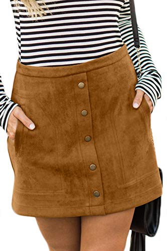 Meyeeka Women Faux Suede Clubwear Button Front Plus Size Bodycon Mini Short Skirt Khaki XL - Image 2