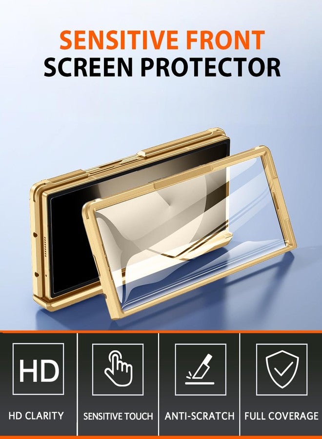 NINKI for Samsung Galaxy Z Fold 5 Case with S Pen & S Pen Holder, Kickstand & Front Screen Protector Hinge Electroplating Leather Phone Cover for Z Fold 5 Case with Stand and Stylus - Gold with Coffee - Image 4