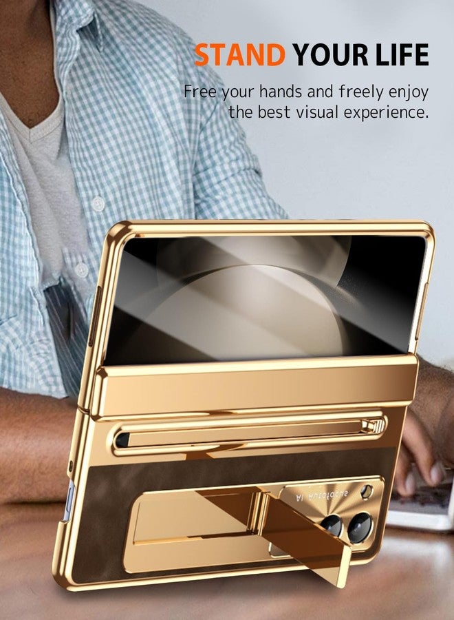 NINKI for Samsung Galaxy Z Fold 5 Case with S Pen & S Pen Holder, Kickstand & Front Screen Protector Hinge Electroplating Leather Phone Cover for Z Fold 5 Case with Stand and Stylus - Gold with Coffee - Image 5