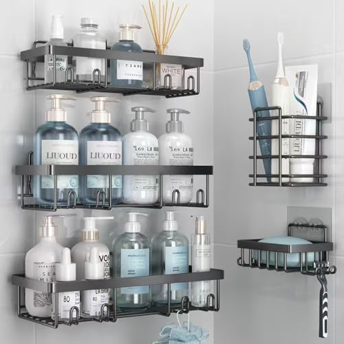 Liuoud 5 Pack Shower Caddy Organizer Rack Shelf for Inside Shower Self Adhesive Bathroom Wall Storage Basket Rustproof Stainless Steel Large Capacity Shampoo Holder Dark Grey - Image 1