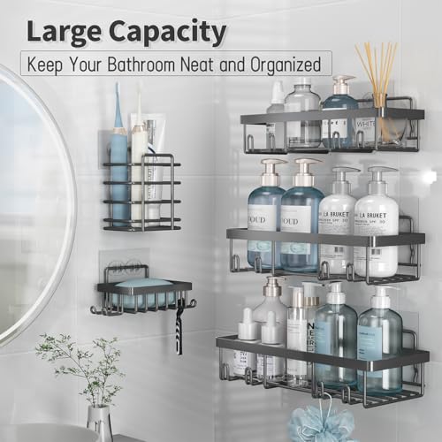 Liuoud 5 Pack Shower Caddy Organizer Rack Shelf for Inside Shower Self Adhesive Bathroom Wall Storage Basket Rustproof Stainless Steel Large Capacity Shampoo Holder Dark Grey - Image 3