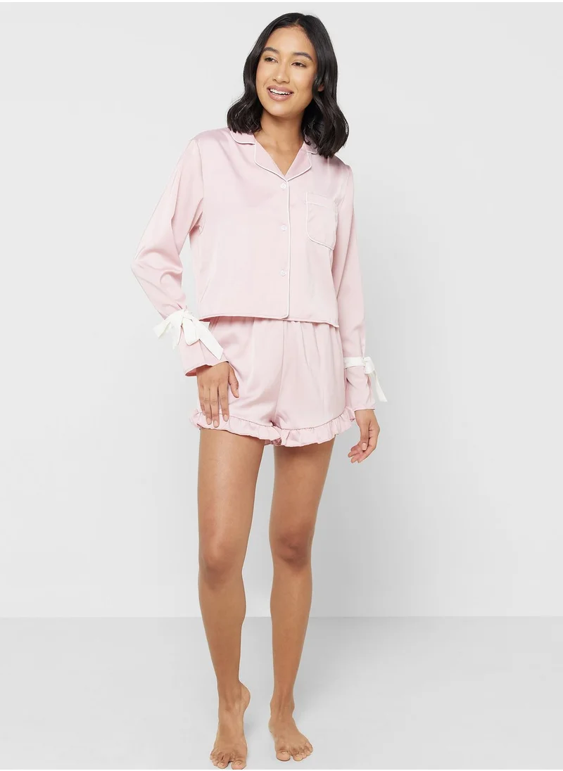 Ginger Ruffle Detail Satin Shirt & Short Set