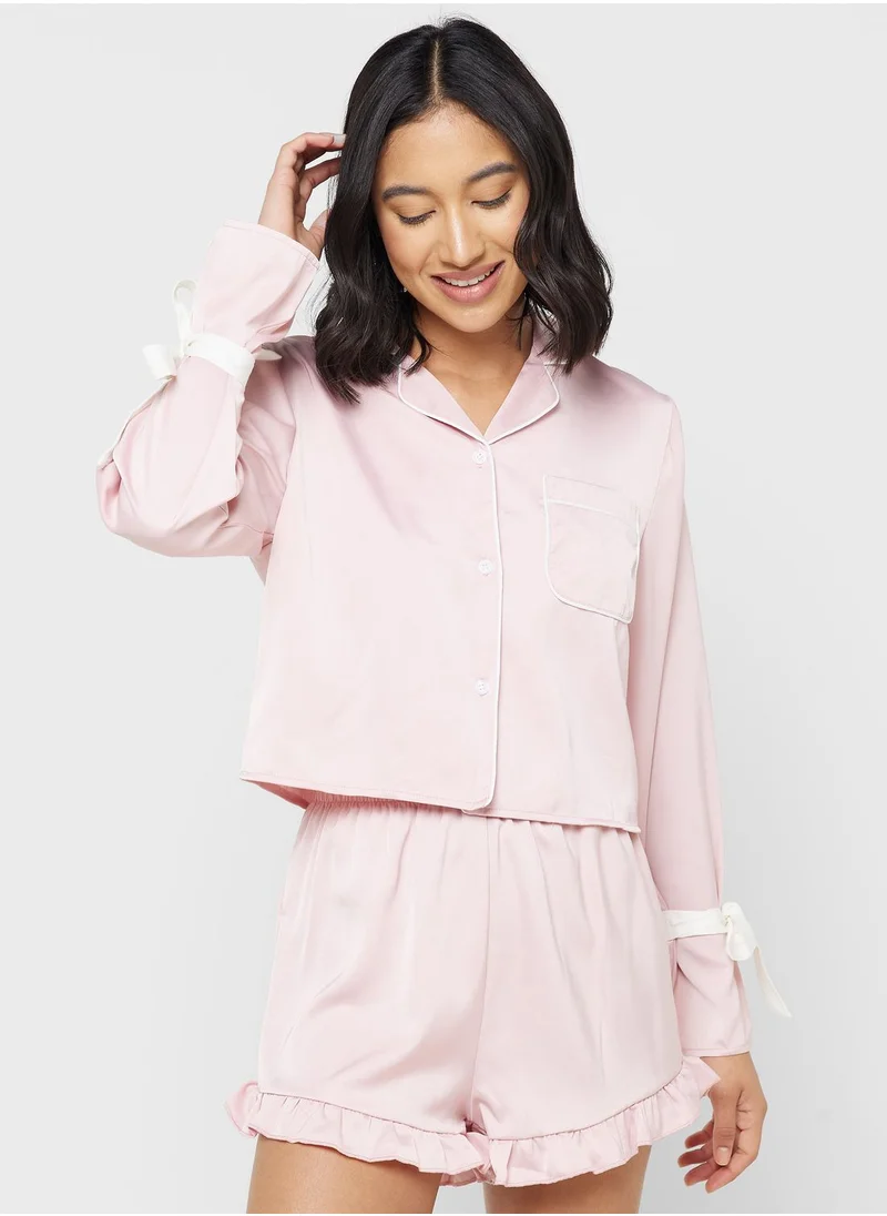 Ginger Ruffle Detail Satin Shirt & Short Set