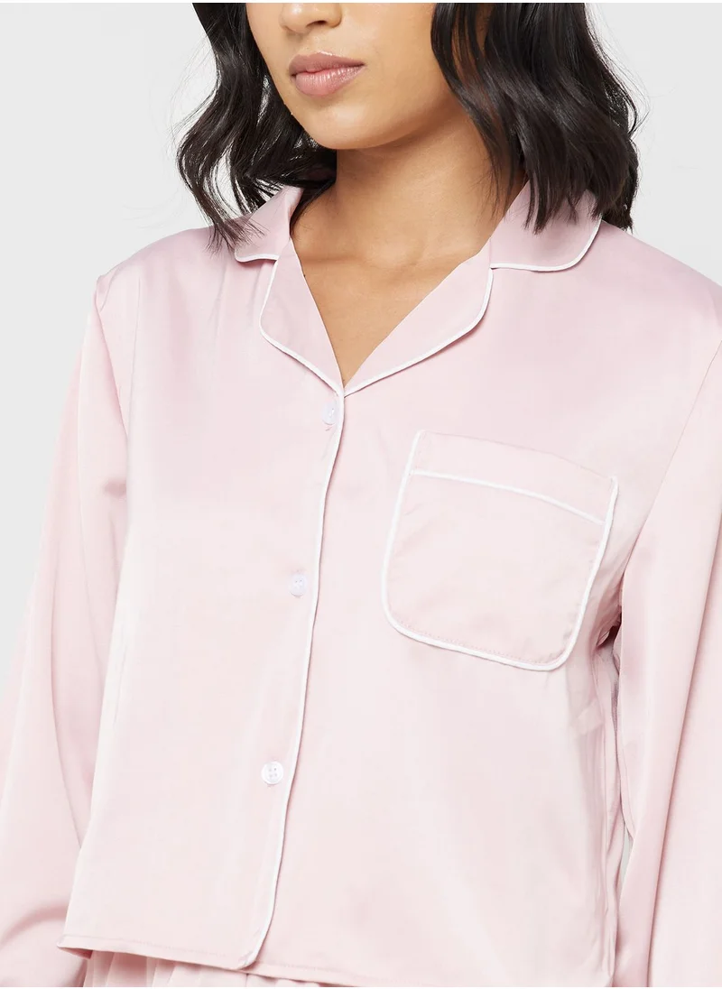 Ginger Ruffle Detail Satin Shirt & Short Set
