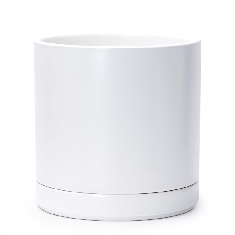 Dvine Dev 10 Inch Ceramic Planter Pot with Drainage Hole and Saucer Indoor Cylinder Round Planter Pot White 94OE1