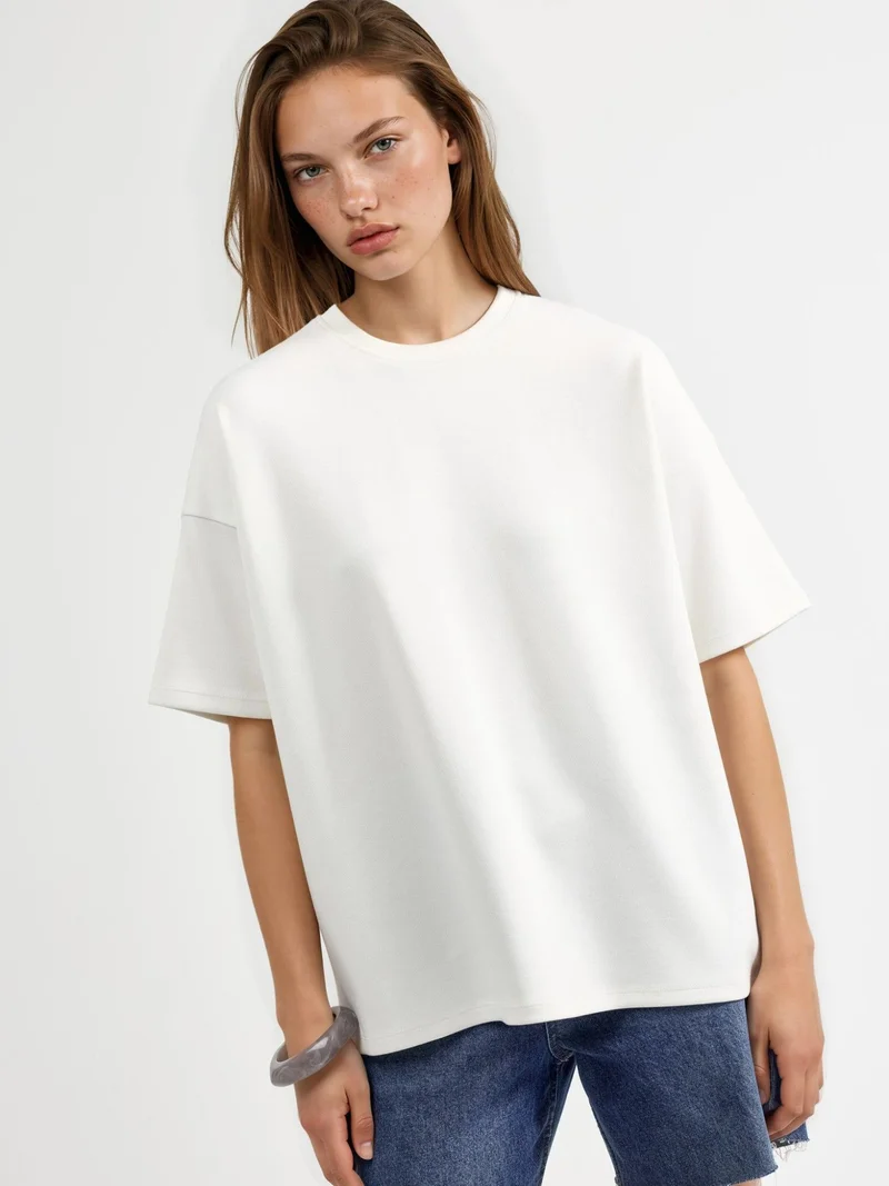 Hiccup Dusty White Oversized Crew Neck Modal Touch Knitted T-Shirt for Women | Best Price UAE
