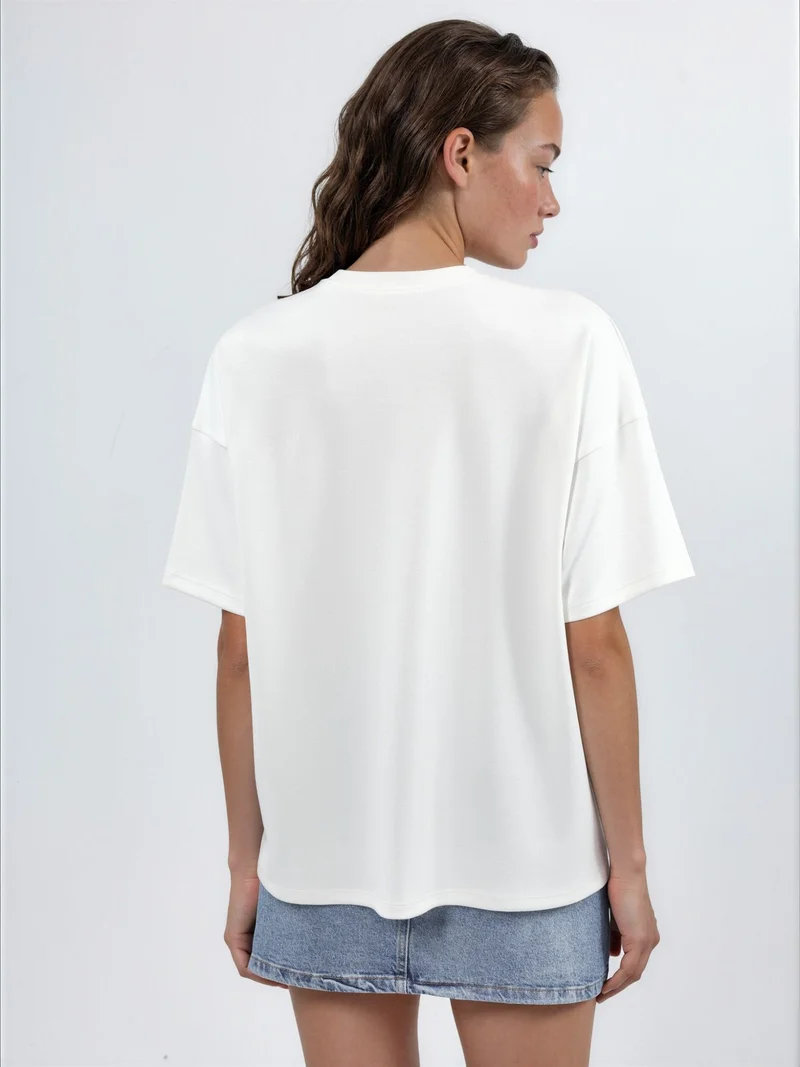 Hiccup Dusty White Oversized Crew Neck Modal Touch Knitted T-Shirt for Women | Best Price UAE