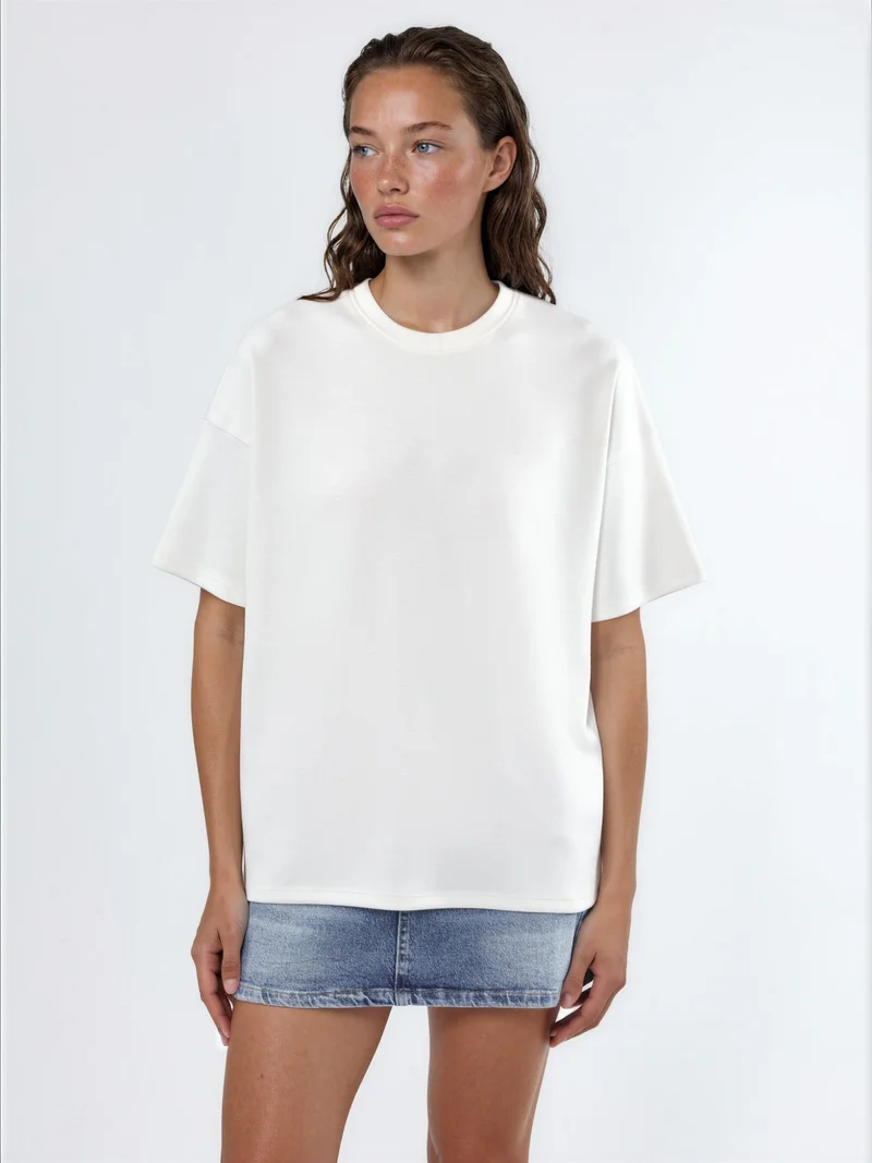 Hiccup Dusty White Oversized Crew Neck Modal Touch Knitted T-Shirt for Women | Best Price UAE