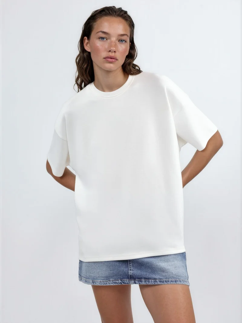 Hiccup Dusty White Oversized Crew Neck Modal Touch Knitted T-Shirt for Women | Best Price UAE