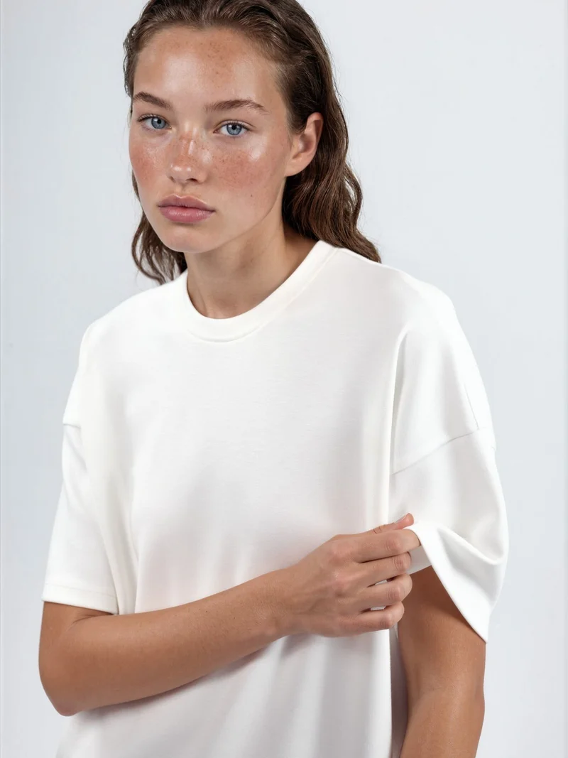 Hiccup Dusty White Oversized Crew Neck Modal Touch Knitted T-Shirt for Women | Best Price UAE