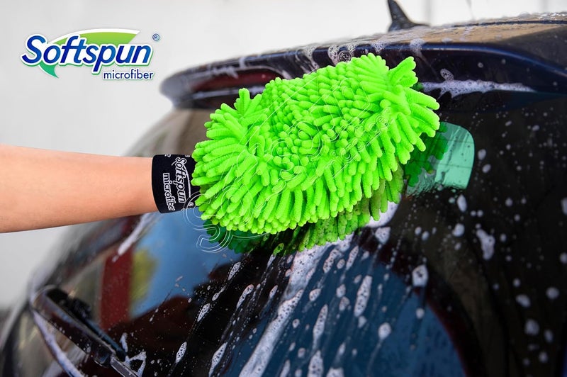 SOFTSPUN قفاز شنيلي مزدوج الجوانب من ميكروفايبر SOFTSPUN، مجموعة من قطعتين 1700 GSM أخضر. متعدد الأغراض فائق الامتصاص ومثالي للتنظيف بدون خدوش للسيارات والنوافذ والمطبخ وتنظيف الغبار في المنزل! - Image 5