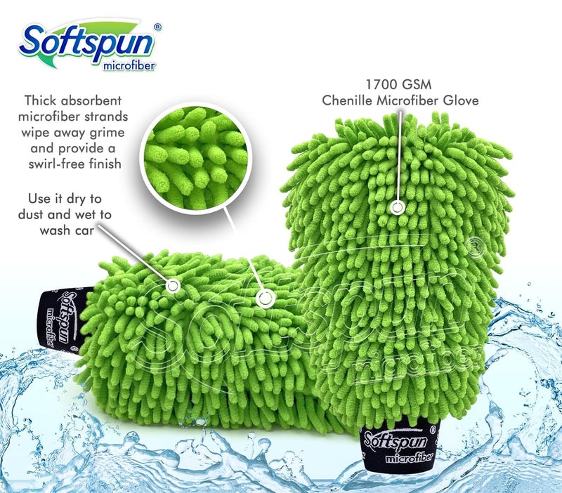 SOFTSPUN قفاز شنيلي مزدوج الجوانب من ميكروفايبر SOFTSPUN، مجموعة من قطعتين 1700 GSM أخضر. متعدد الأغراض فائق الامتصاص ومثالي للتنظيف بدون خدوش للسيارات والنوافذ والمطبخ وتنظيف الغبار في المنزل! - Image 3