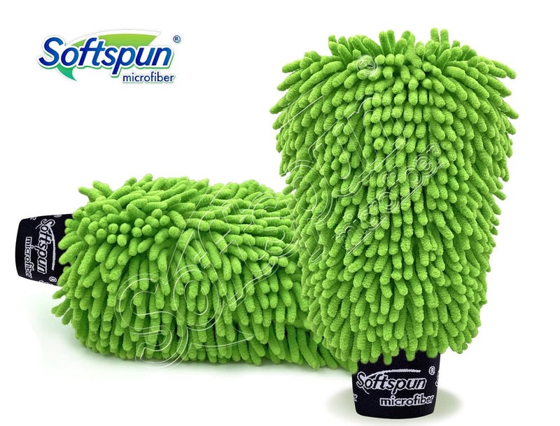 SOFTSPUN قفاز شنيلي مزدوج الجوانب من ميكروفايبر SOFTSPUN، مجموعة من قطعتين 1700 GSM أخضر. متعدد الأغراض فائق الامتصاص ومثالي للتنظيف بدون خدوش للسيارات والنوافذ والمطبخ وتنظيف الغبار في المنزل! - Image 2