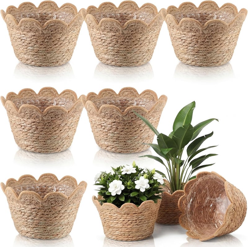AceOrbit 6 Pcs Scalloped Seagrass Plant Basket with Plastic Liners Rattan Woven Plant Basket Wicker Planter for Indoor Outdoor Flower Pots Cover and Rustic Farmhouse Boho Room Decor (Medium) - Image 1