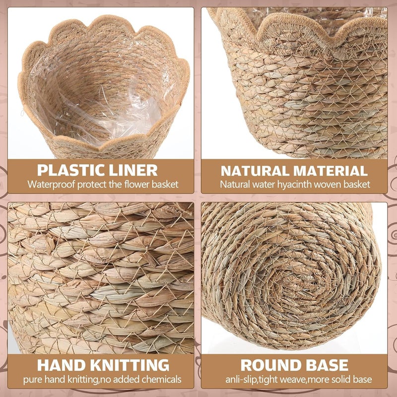 AceOrbit 6 Pcs Scalloped Seagrass Plant Basket with Plastic Liners Rattan Woven Plant Basket Wicker Planter for Indoor Outdoor Flower Pots Cover and Rustic Farmhouse Boho Room Decor (Medium) - Image 4