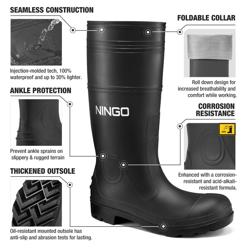 NINGO Men's Steel Toe Rain Boots, Waterproof Rubber Boots, Seamless PVC Rainboots, Puncture and Slip Resistant, Outdoor Fishing Gardening Boots for Men, for Agriculture and Industrial Working - Image 3