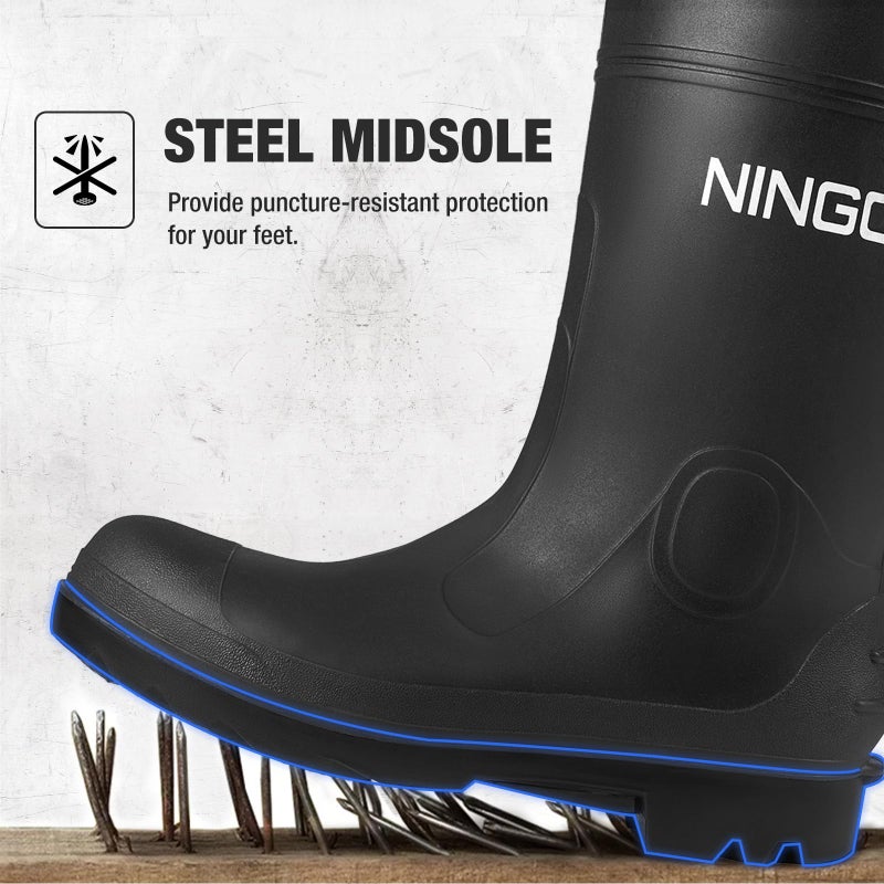 NINGO Men's Steel Toe Rain Boots, Waterproof Rubber Boots, Seamless PVC Rainboots, Puncture and Slip Resistant, Outdoor Fishing Gardening Boots for Men, for Agriculture and Industrial Working - Image 5