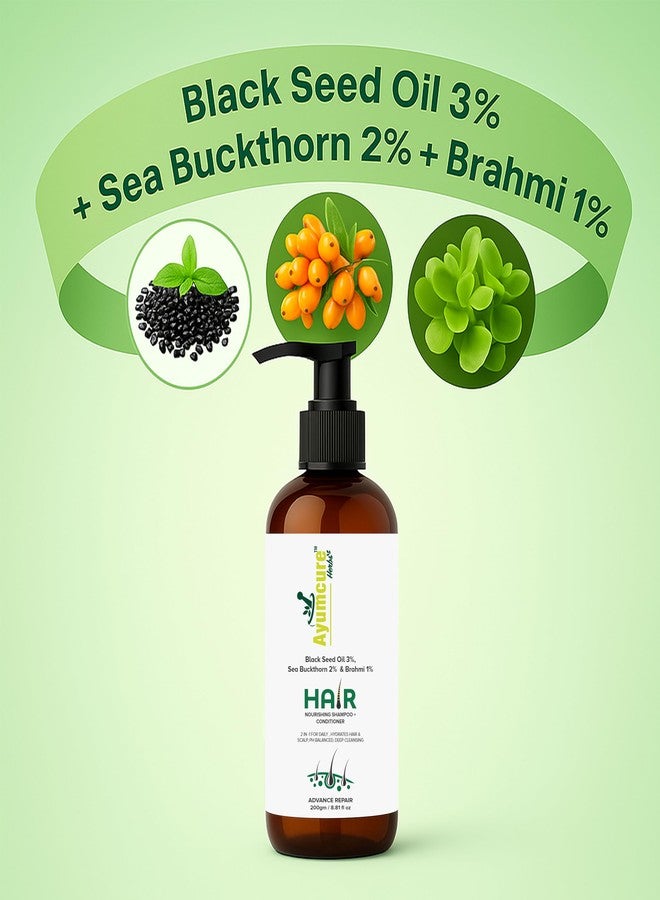 Ayumcure Hair Nourishing Shampoo + Conditioner | 3% Black Seed Oil + 2% Sea Buckthorn + 1% Brahmi | 2-in-1 Cleanse & Condition | Hair Fall Control | Hair Growth | PH-Balanced & Sulfate-Free | 200g | Men & Women - Image 2