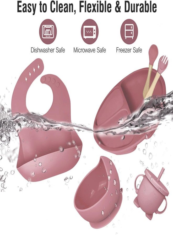 opriQ 6PCS Silicone Baby Feeding Set | Baby-Led Weaning Essentials with Suction Bowl, Divided Plate, Bib, Spoon, Fork & Cup | BPA-Free, Food-Grade, Dishwasher & Microwave Safe (Pink) - Image 5
