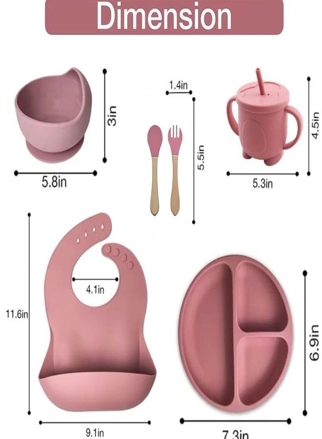 opriQ 6PCS Silicone Baby Feeding Set | Baby-Led Weaning Essentials with Suction Bowl, Divided Plate, Bib, Spoon, Fork & Cup | BPA-Free, Food-Grade, Dishwasher & Microwave Safe (Pink) - Image 2
