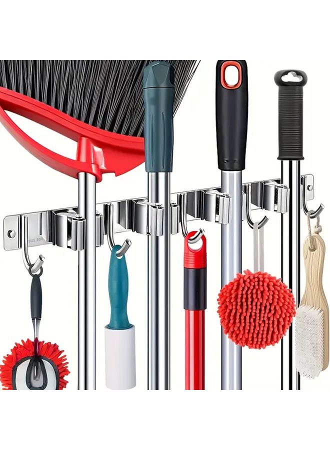 Wall Mounted Mop And Broom Holder With 5 Hooks And 4 Clips Storage Rack - Image 1