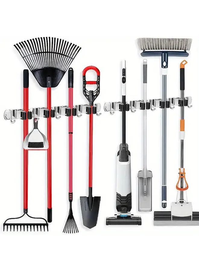 Wall Mounted Mop And Broom Holder With 5 Hooks And 4 Clips Storage Rack - Image 2