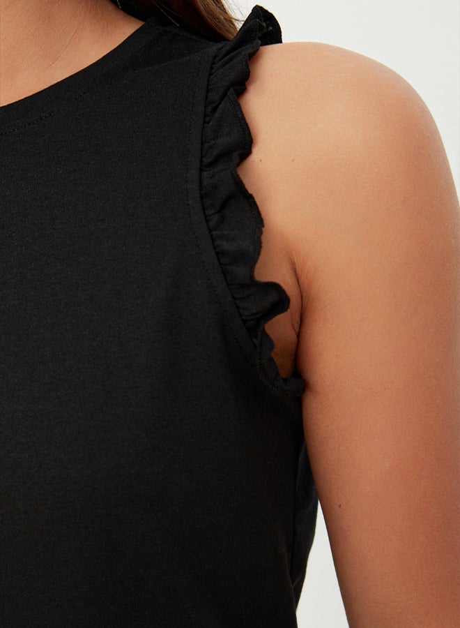 trendyol Black 100% Cotton Ruffle Detailed Undershirt-Shorts Knitted Pajama Set THMSS22AU0304 - Image 4