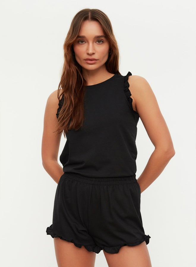 trendyol Black 100% Cotton Ruffle Detailed Undershirt-Shorts Knitted Pajama Set THMSS22AU0304 - Image 2