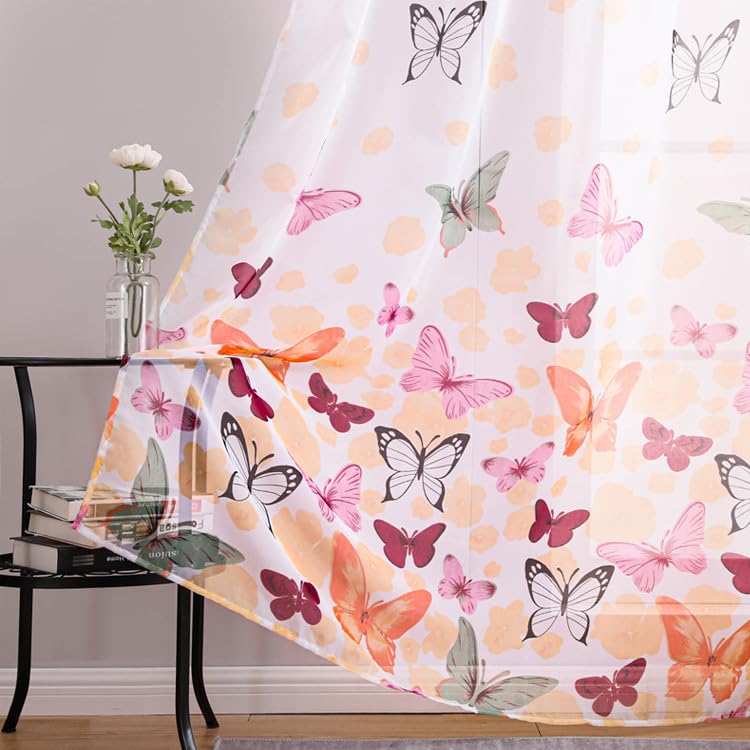 WUBODTI Butterfly Sheer Curtains for Girls Room 2 Panels 79 inch Long Cute Colorful Butterflies Printed Voil Semi Sheer Curtain Rod Pocket Pretty Gauze Drapes for Bedroom Living Room Nursery