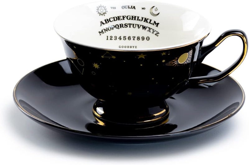 Grace Teaware Ouija Astrology Black Gold Tea Cup and Saucer with Gold Trim Halloween Black White and Gold - Image 1