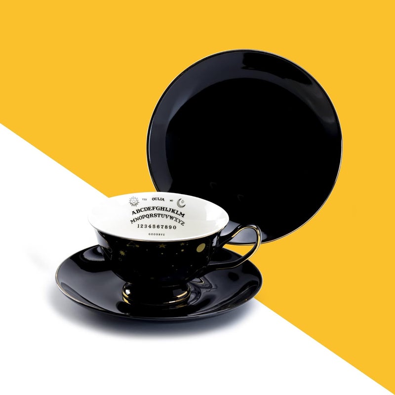 Grace Teaware Ouija Astrology Black Gold Tea Cup and Saucer with Gold Trim Halloween Black White and Gold - Image 2