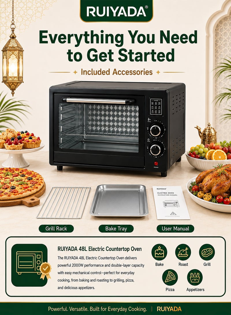 RUIYADA 48L Electric Oven, 2000W Large Capacity Countertop Oven with Independent Upper & Lower Temperature Control, Stainless Steel Body, Timer, Baking & Grilling, Home Kitchen Multi-Functional Oven – 220V EU Plug - Image 4