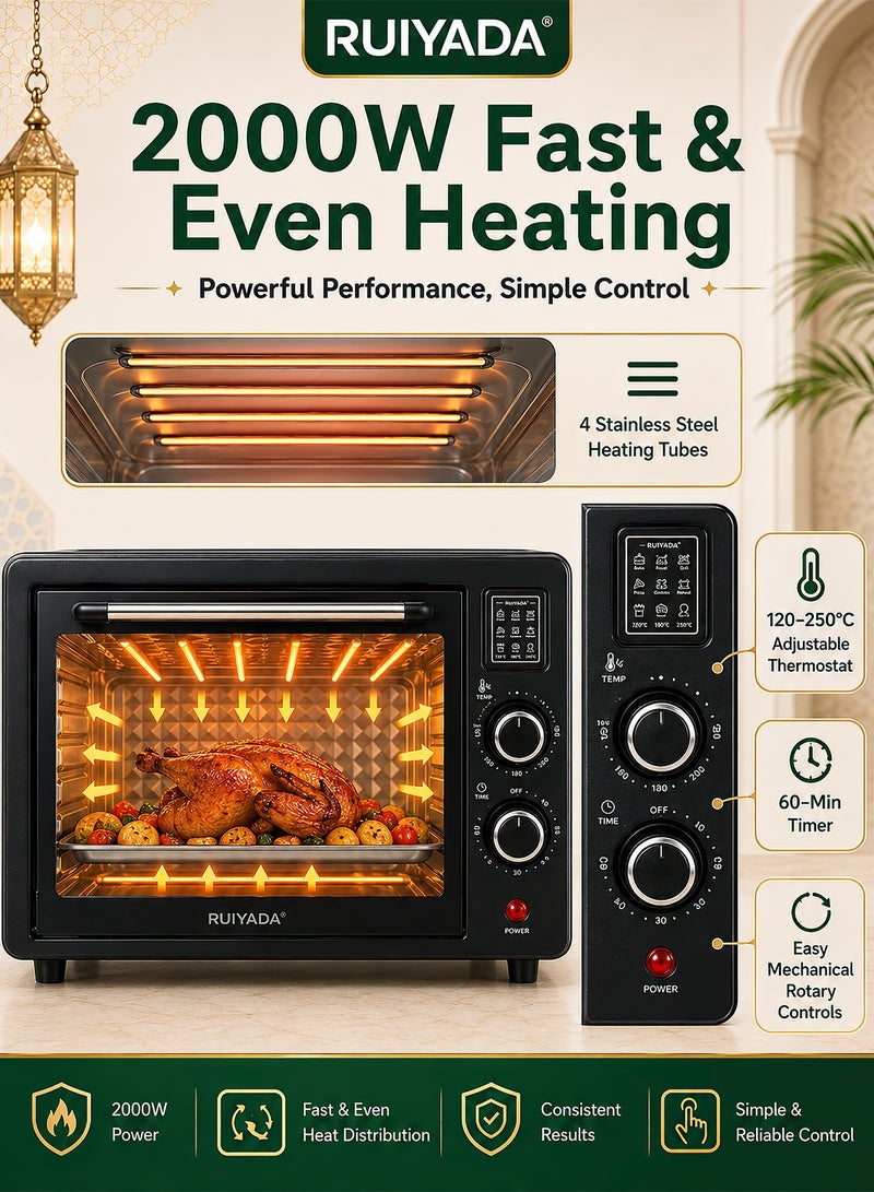 RUIYADA 48L Electric Oven, 2000W Large Capacity Countertop Oven with Independent Upper & Lower Temperature Control, Stainless Steel Body, Timer, Baking & Grilling, Home Kitchen Multi-Functional Oven – 220V EU Plug - Image 5