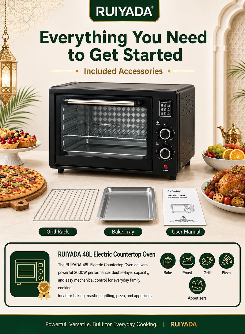 RUIYADA 48L Electric Oven, 2000W Large Capacity Countertop Oven with Independent Upper & Lower Temperature Control, Stainless Steel Body, Timer, Baking & Grilling, Home Kitchen Multi-Functional Oven – 220V EU Plug - Image 3