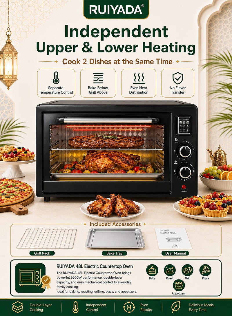 RUIYADA 48L Electric Oven, 2000W Large Capacity Countertop Oven with Independent Upper & Lower Temperature Control, Stainless Steel Body, Timer, Baking & Grilling, Home Kitchen Multi-Functional Oven – 220V EU Plug - Image 1
